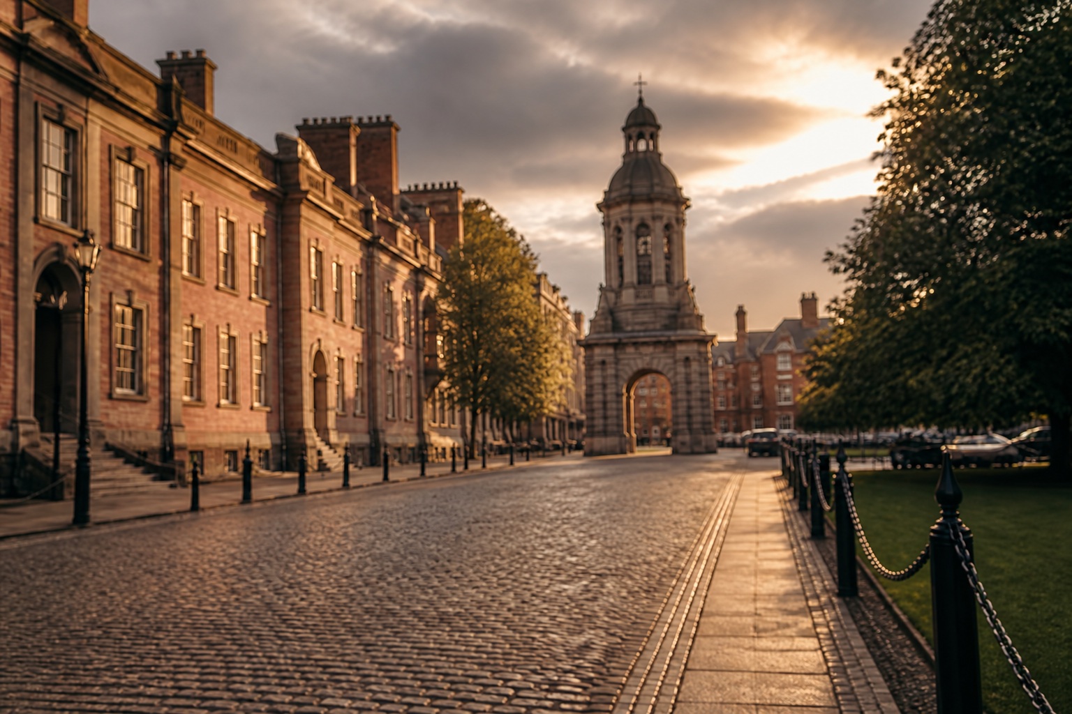 An international student on a Dublin street at golden hour, historic college buildings behind